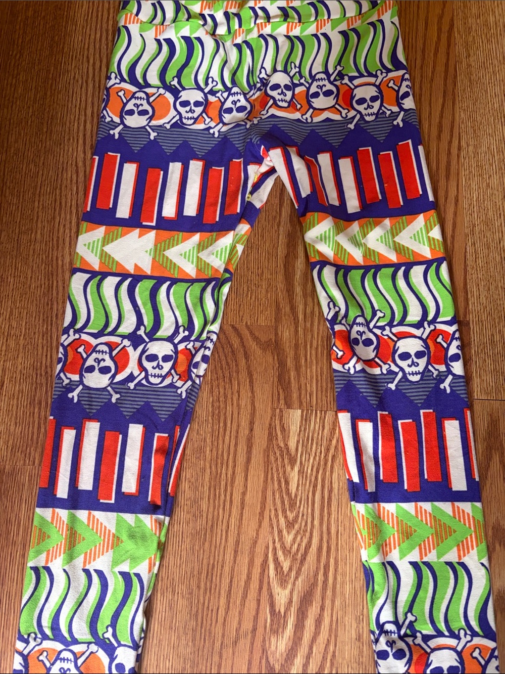 LuLaRoe Kids Leggings in Blue, Green, Orange & White Skull Pattern